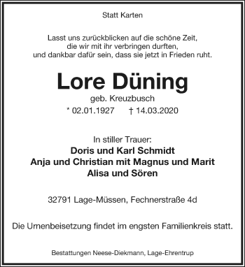 Anzeige  Lore Düning  Lippische Landes-Zeitung