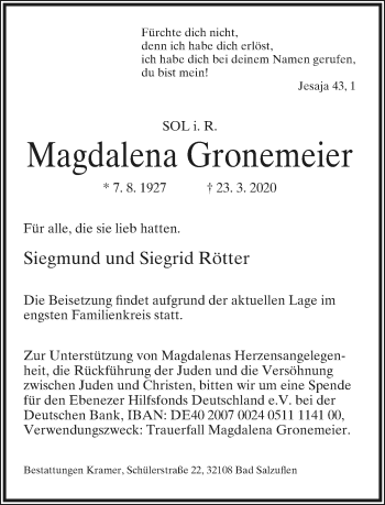 Anzeige  Magdalena Gronemeier  Lippische Landes-Zeitung