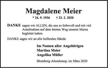 Anzeige  Magdalene Meier  Lippische Landes-Zeitung