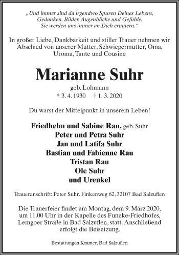 Anzeige  Marianne Suhr  Lippische Landes-Zeitung