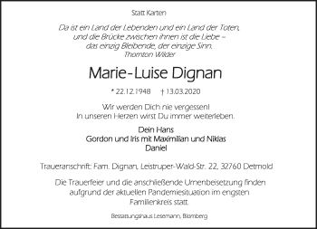 Anzeige  Marie-Luise Dignan  Lippische Landes-Zeitung