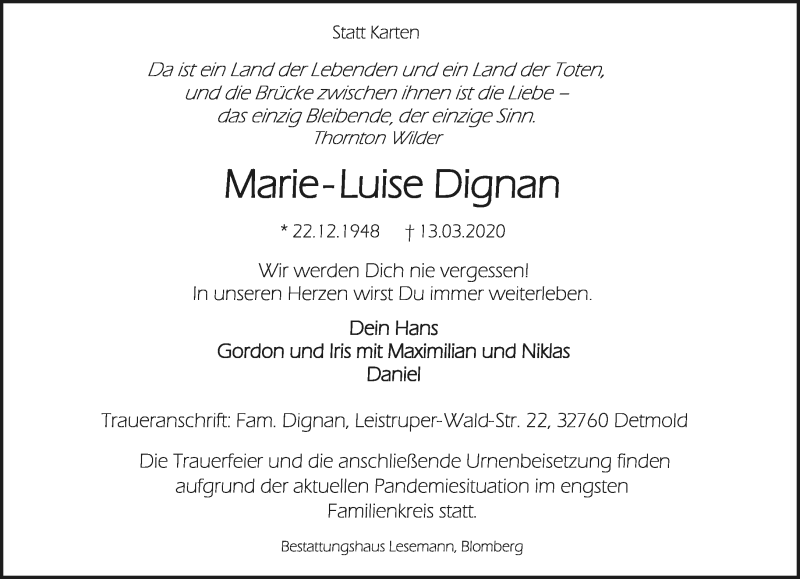  Traueranzeige für Marie-Luise Dignan vom 21.03.2020 aus Lippische Landes-Zeitung