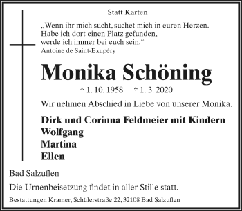 Anzeige  Monika Schöning  Lippische Landes-Zeitung