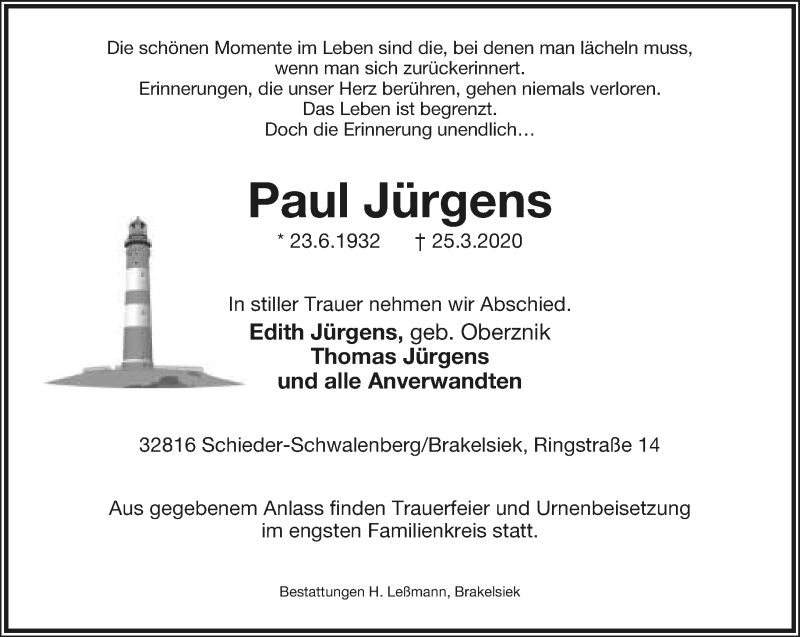  Traueranzeige für Paul Jürgens vom 28.03.2020 aus Lippische Landes-Zeitung