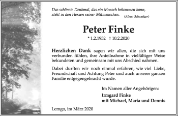Anzeige  Peter Finke  Lippische Landes-Zeitung