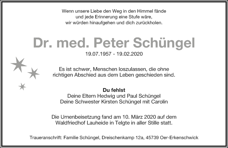  Traueranzeige für Peter Schüngel vom 14.03.2020 aus Lippische Landes-Zeitung