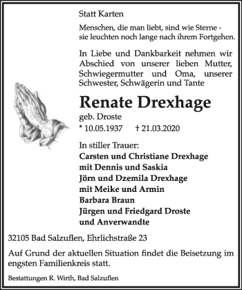 Anzeige  Renate Drexhage  Lippische Landes-Zeitung