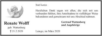 Anzeige  Renate Wolff  Lippische Landes-Zeitung