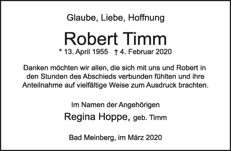  Traueranzeige für Robert Timm vom 21.03.2020 aus Lippische Landes-Zeitung