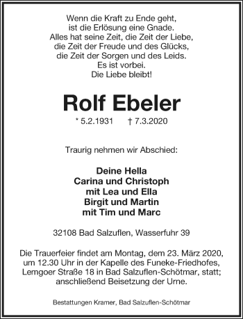 Anzeige  Rolf Ebeler  Lippische Landes-Zeitung