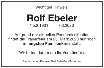 Anzeige  Rolf Ebeler  Lippische Landes-Zeitung