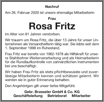 Anzeige  Rosa Fritz  Lippische Landes-Zeitung