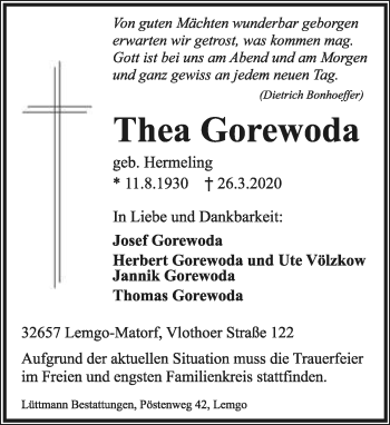 Anzeige  Thea Gorewoda  Lippische Landes-Zeitung