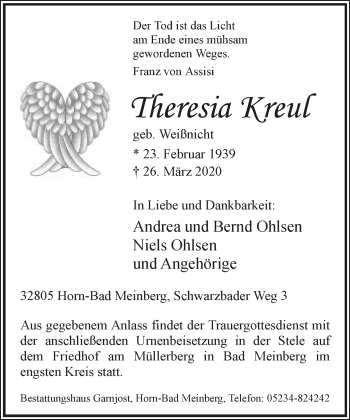 Anzeige  Theresia Kreul  Lippische Landes-Zeitung