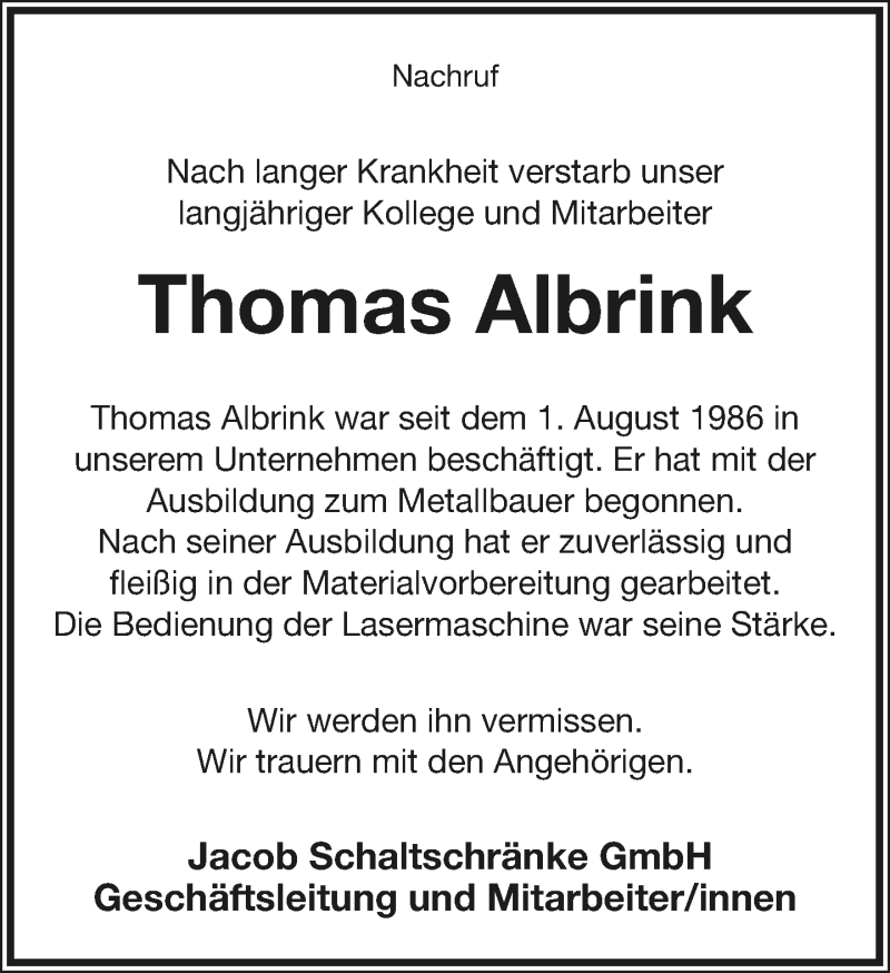  Traueranzeige für Thomas Albrink vom 21.03.2020 aus Lippische Landes-Zeitung