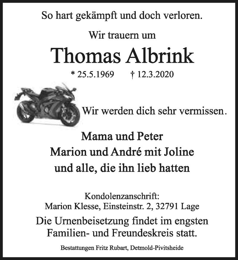  Traueranzeige für Thomas Albrink vom 21.03.2020 aus Lippische Landes-Zeitung