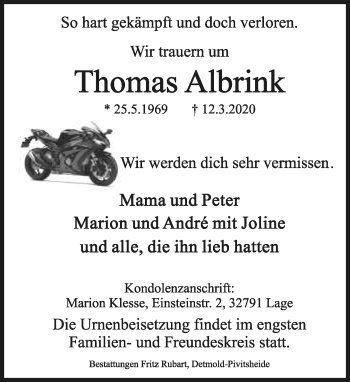 Anzeige  Thomas Albrink  Lippische Landes-Zeitung