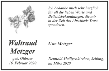 Anzeige  Waltraud Metzger  Lippische Landes-Zeitung