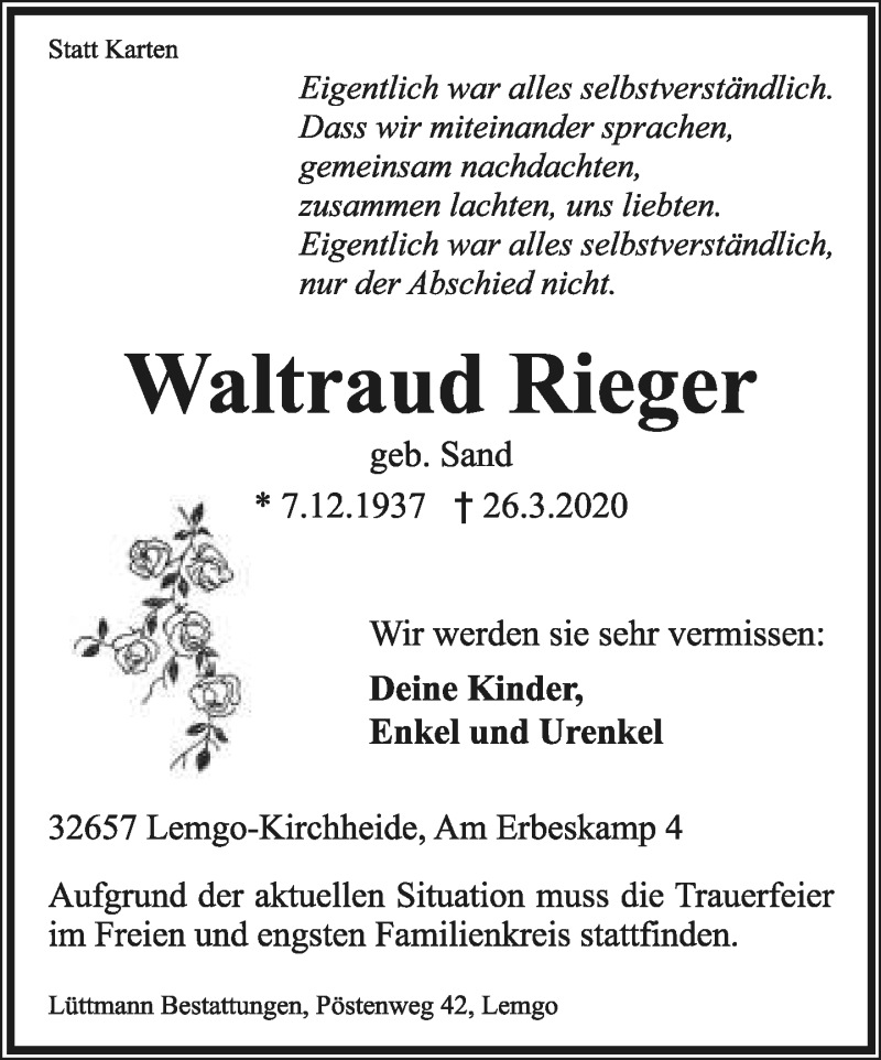  Traueranzeige für Waltraud Rieger vom 28.03.2020 aus Lippische Landes-Zeitung