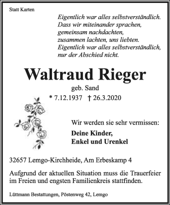 Anzeige  Waltraud Rieger  Lippische Landes-Zeitung
