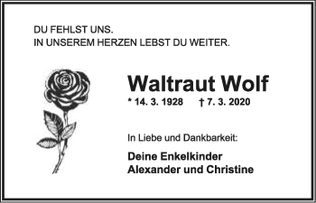 Anzeige  Waltraut Wolf  Lippische Landes-Zeitung