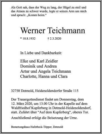 Anzeige  Werner Teichmann  Lippische Landes-Zeitung