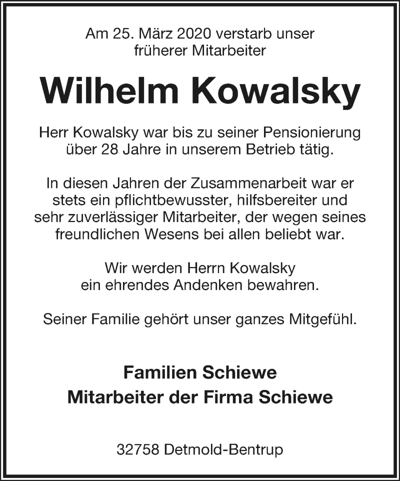  Traueranzeige für Wilhelm Kowalsky vom 28.03.2020 aus Lippische Landes-Zeitung