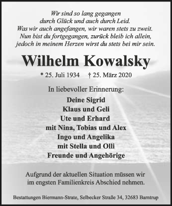 Anzeige  Wilhelm Kowalsky  Lippische Landes-Zeitung