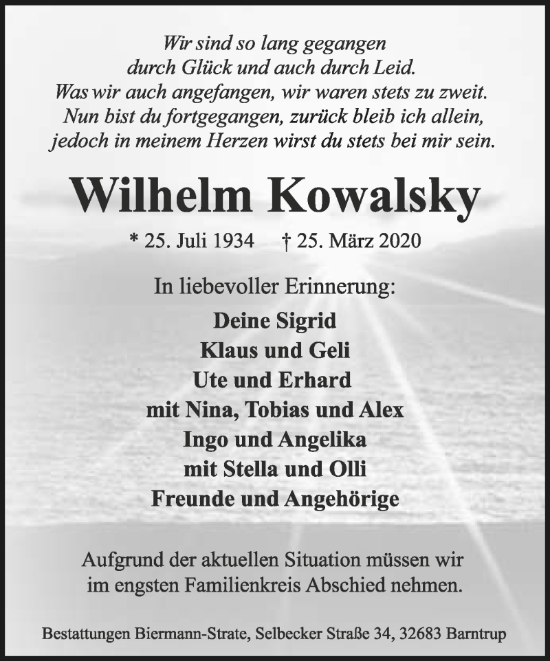  Traueranzeige für Wilhelm Kowalsky vom 28.03.2020 aus Lippische Landes-Zeitung