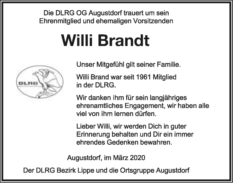  Traueranzeige für Willi Brandt vom 21.03.2020 aus Lippische Landes-Zeitung