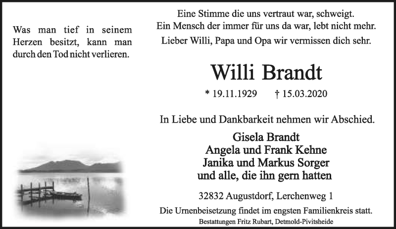  Traueranzeige für Willi Brandt vom 21.03.2020 aus Lippische Landes-Zeitung