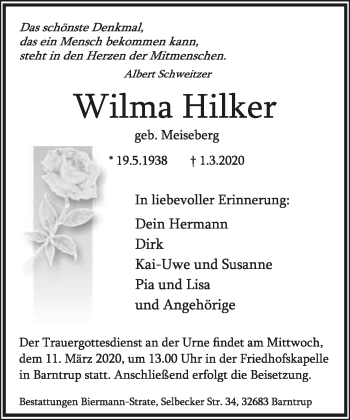 Anzeige  Wilma Hilker  Lippische Landes-Zeitung