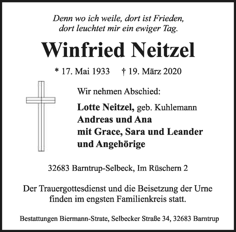  Traueranzeige für Winfried Neitzel vom 21.03.2020 aus Lippische Landes-Zeitung