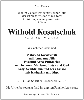 Anzeige  Withold Kosatschuk  Lippische Landes-Zeitung