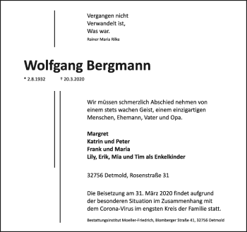 Anzeige  Wolfgang Bergmann  Lippische Landes-Zeitung