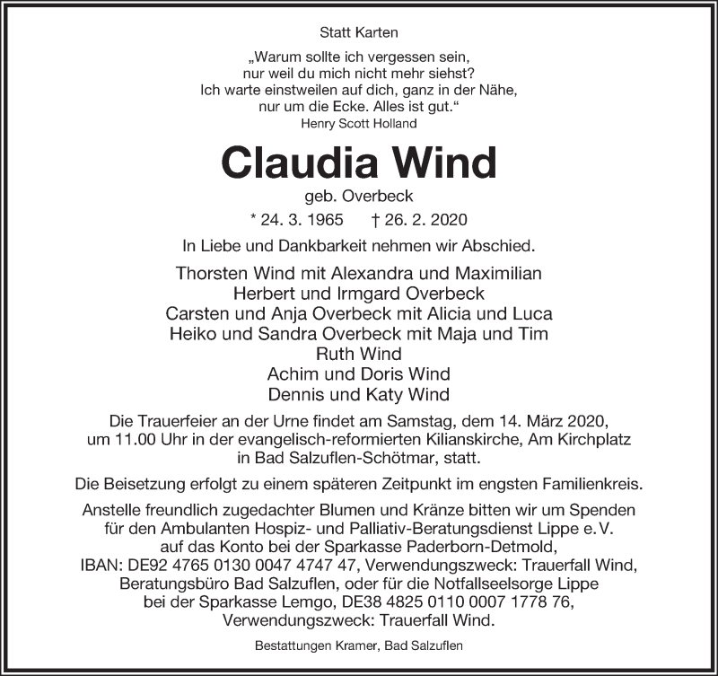  Traueranzeige für Claudia Wind vom 07.03.2020 aus Lippische Landes-Zeitung