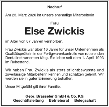 Anzeige  Else Zwickis  LIPPISCHE LANDES-ZEITUNG