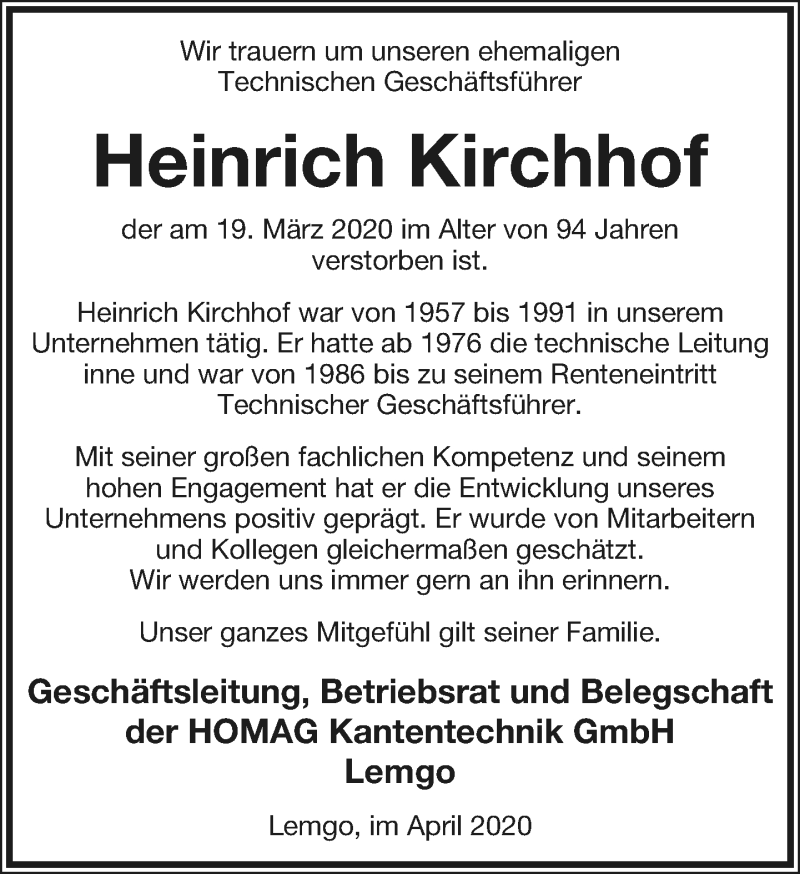  Traueranzeige für Heinrich Kirchhof vom 04.04.2020 aus LIPPISCHE LANDES-ZEITUNG
