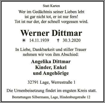 Anzeige  Werner Dittmar  LIPPISCHE LANDES-ZEITUNG