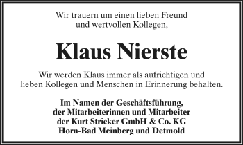 Anzeige  Klaus Nierste  LIPPISCHE LANDES-ZEITUNG
