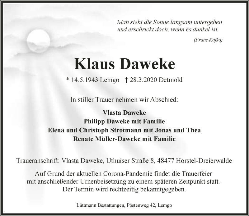  Traueranzeige für Klaus Daweke vom 04.04.2020 aus LIPPISCHE LANDES-ZEITUNG