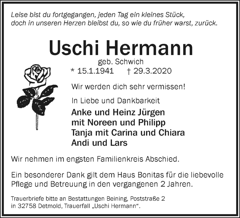  Traueranzeige für Uschi Hermann vom 04.04.2020 aus LIPPISCHE LANDES-ZEITUNG