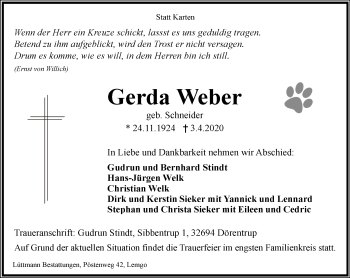Anzeige  Gerda Weber  Lippische Landes-Zeitung