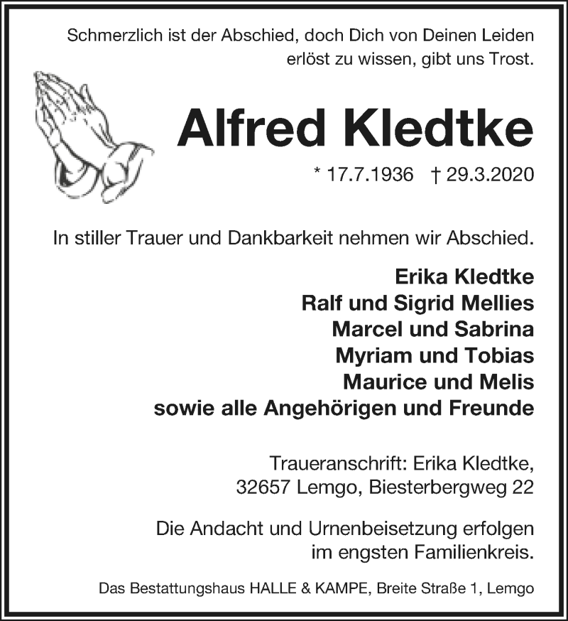  Traueranzeige für Alfred Kledtke vom 04.04.2020 aus Lippische Landes-Zeitung