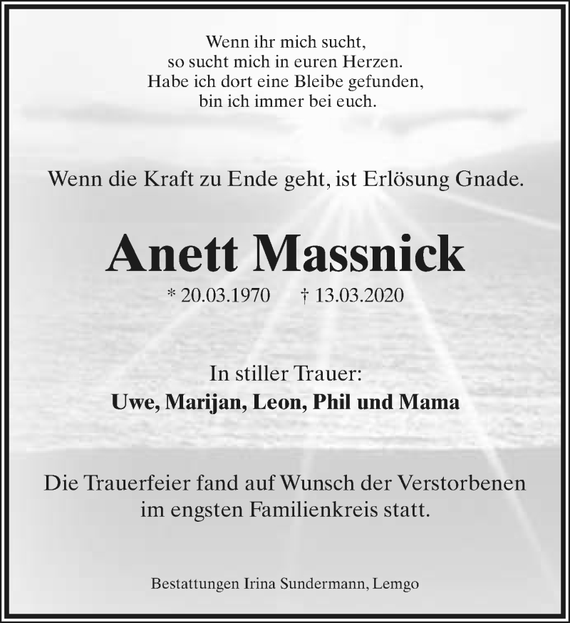  Traueranzeige für Anett Massnick vom 04.04.2020 aus Lippische Landes-Zeitung