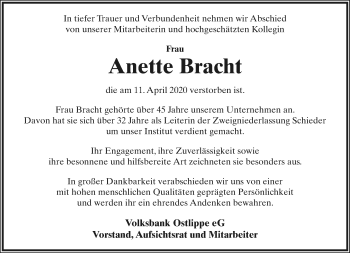 Anzeige  Anette Bracht  Lippische Landes-Zeitung