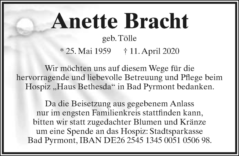  Traueranzeige für Anette Bracht vom 22.04.2020 aus Lippische Landes-Zeitung