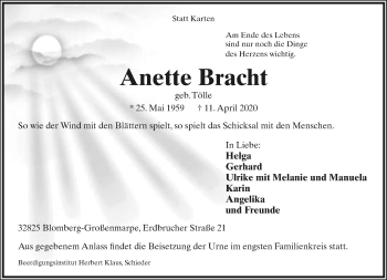 Anzeige  Anette Bracht  Lippische Landes-Zeitung