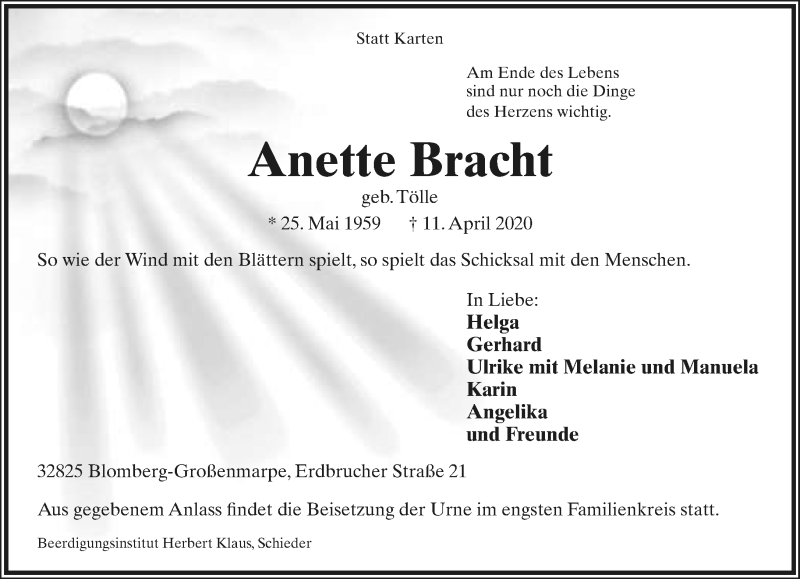  Traueranzeige für Anette Bracht vom 18.04.2020 aus Lippische Landes-Zeitung