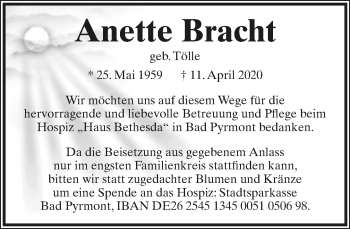 Anzeige  Anette Bracht  Lippische Landes-Zeitung